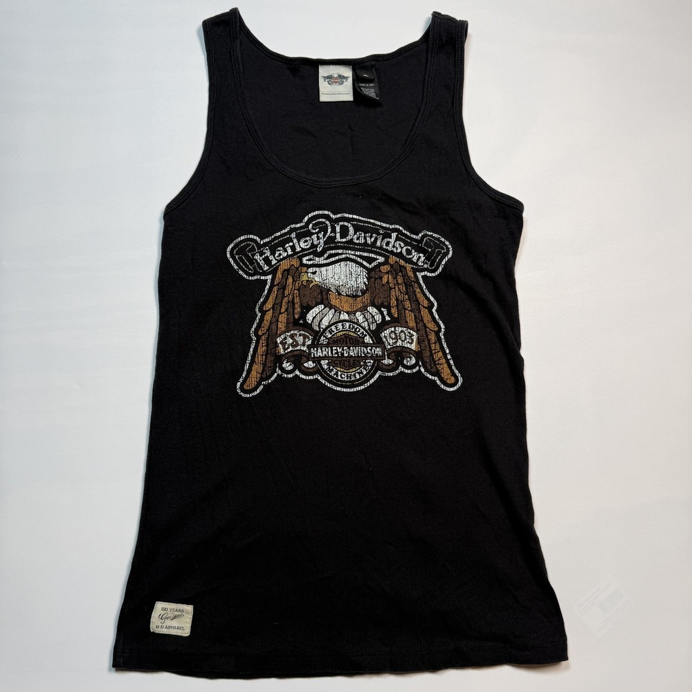 Harley-Davidson Tank Top Womens XL Black VTG Eagle Graphic 100 Years USA
